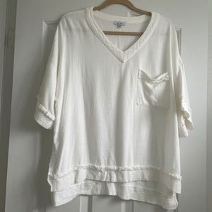 NWOT, White Linen Blend White Birch Relaxed Fit Blouse with Fringem Size Small